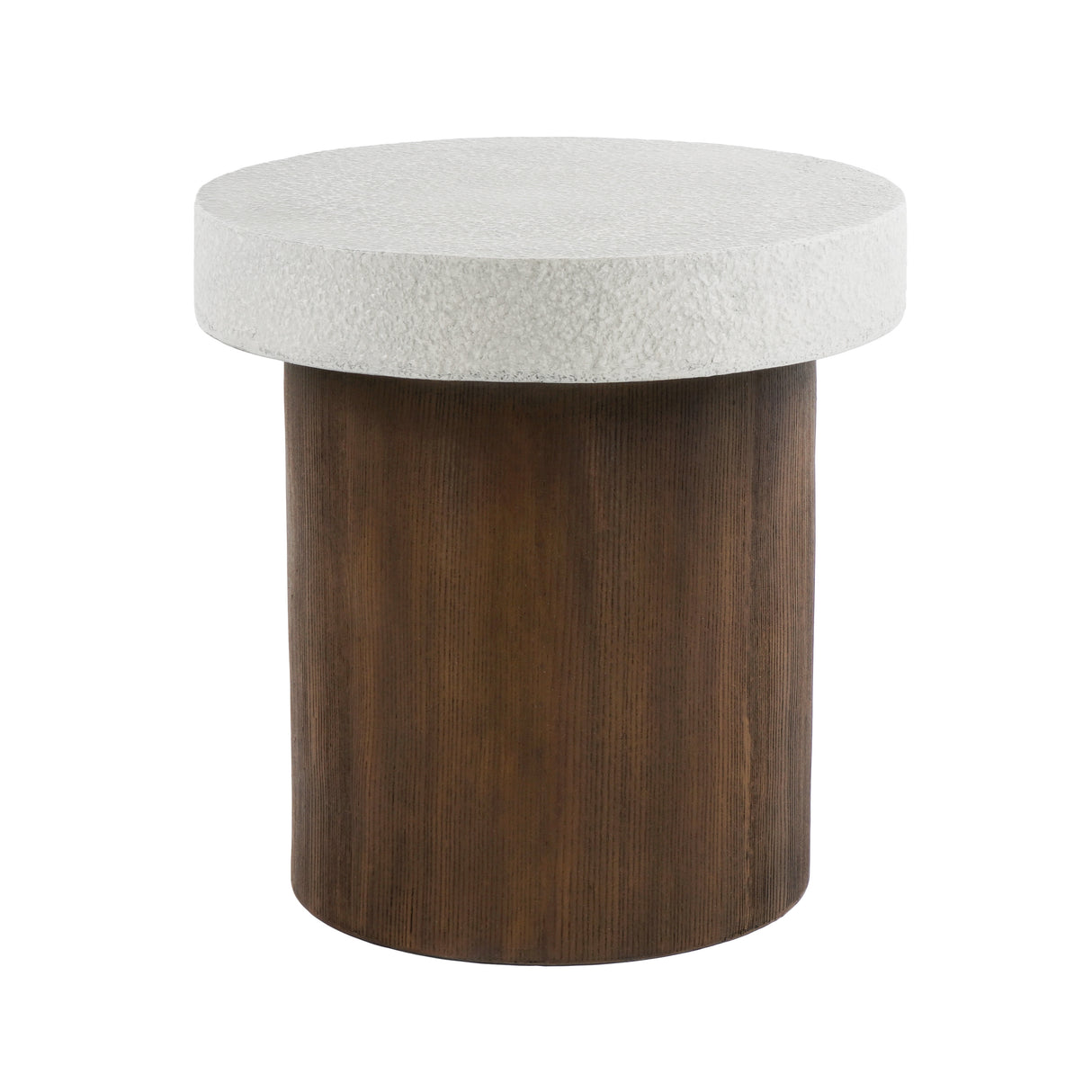 Cylindrical Side Table with Antique White Faux Stone Top and Natural Wood Faux Base