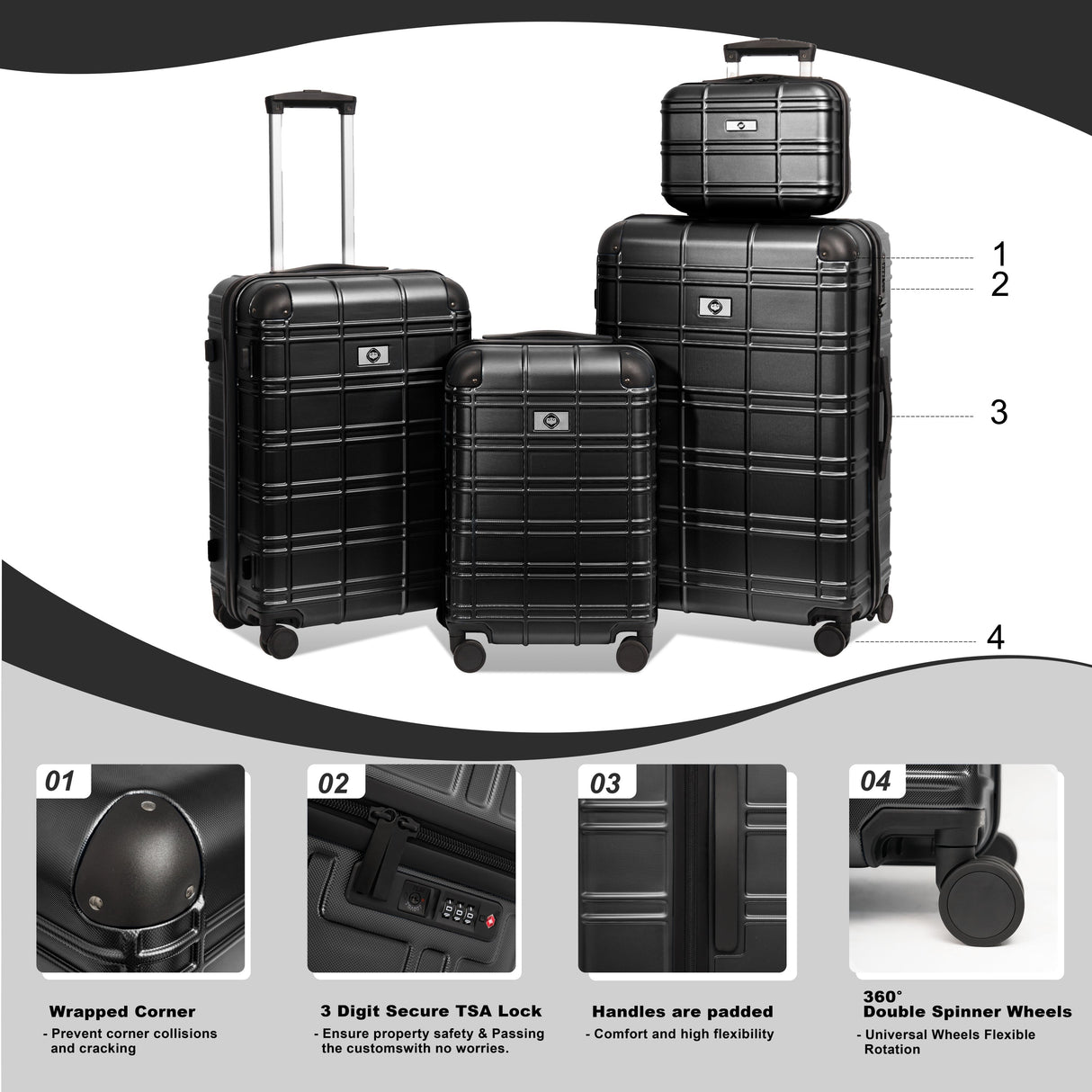 Luggage Sets ABS+PC Hardshell 4pcs Lightweight Durable Suitcases