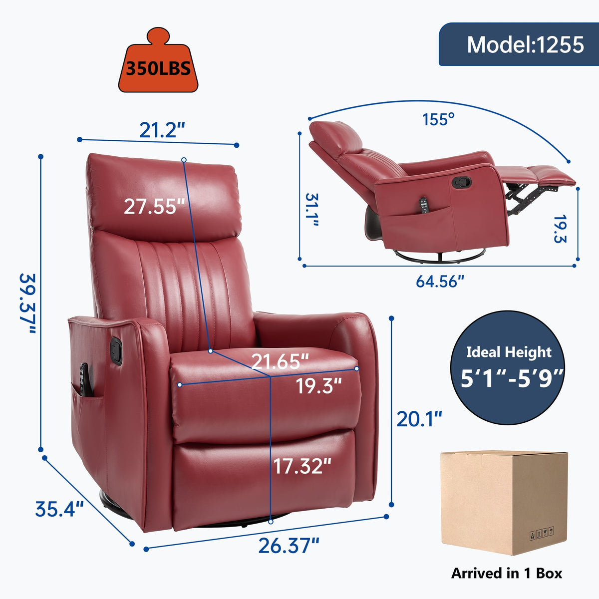 Red Faux Leather Recliner Chair with Heat & Massage - Swivel Rocker