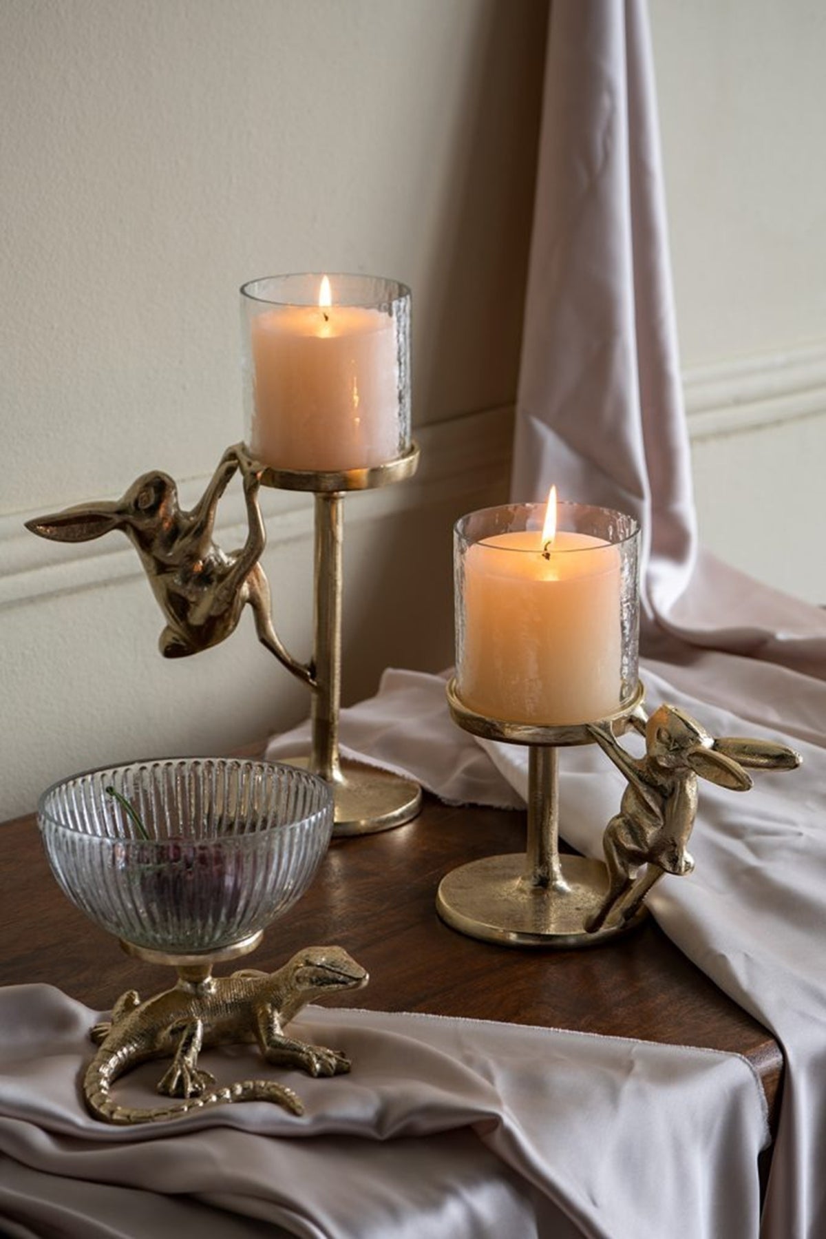 Gold Rabbit Pillar Candle Holders with Glass Shade - Set of 2