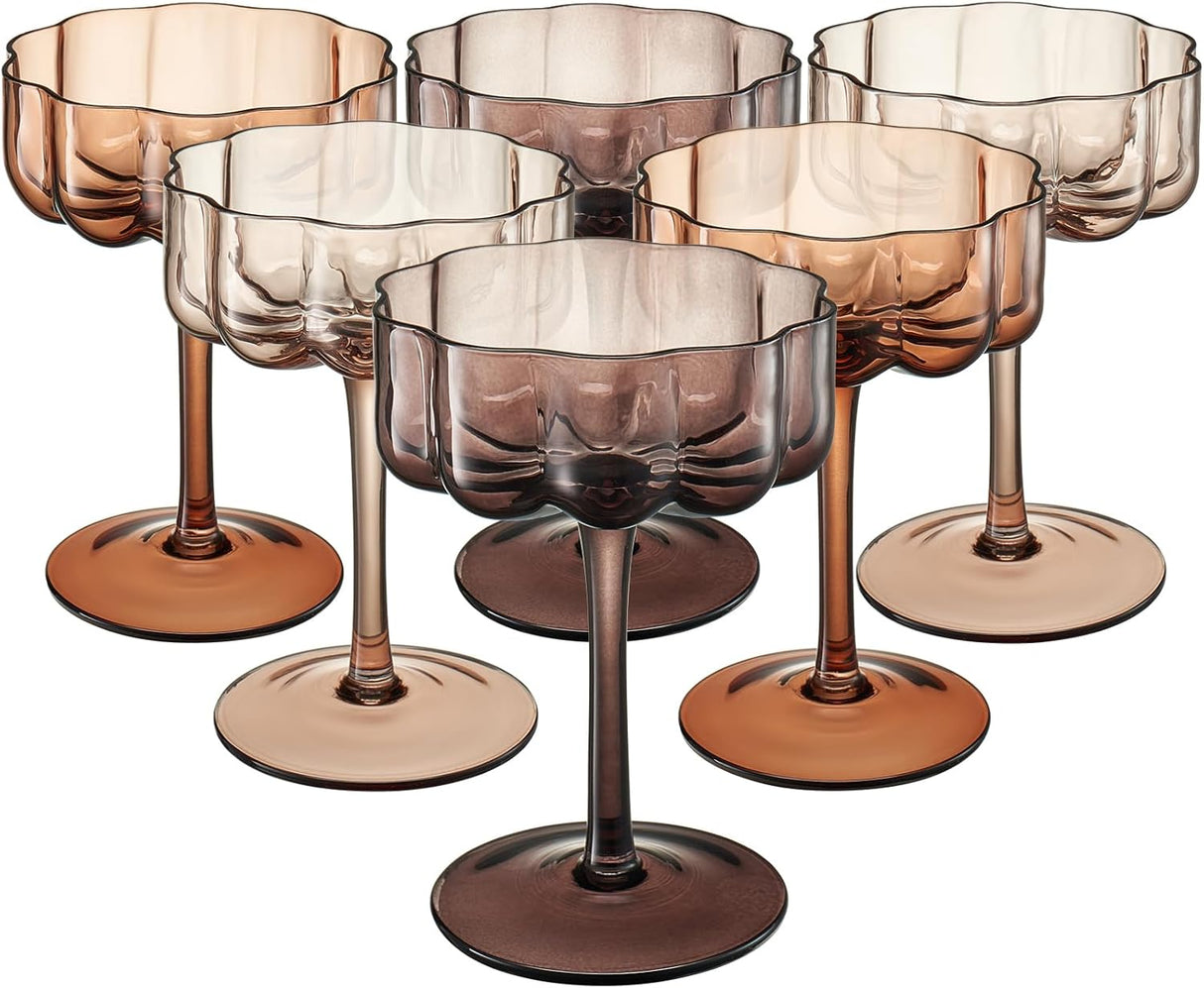 Flower Wave Coupe Cocktail Colored Glasses | Set of 6 | Venus Brown Colors