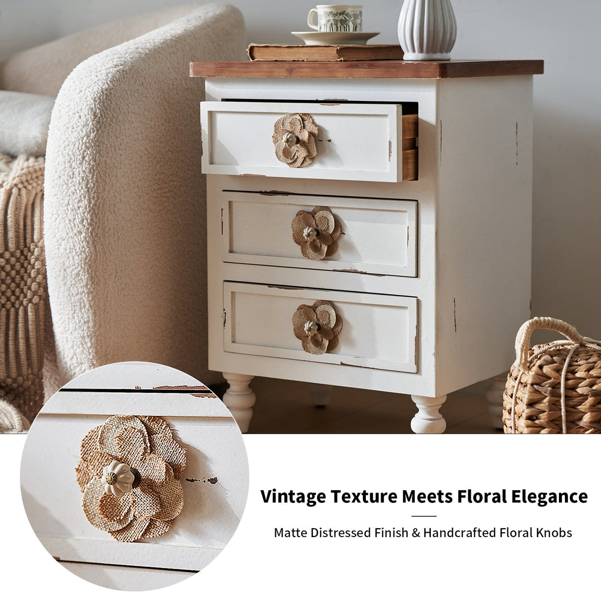 Rustic Dark Blue 3-Drawer Wooden Cabinet with Aged Finish & Floral Handles