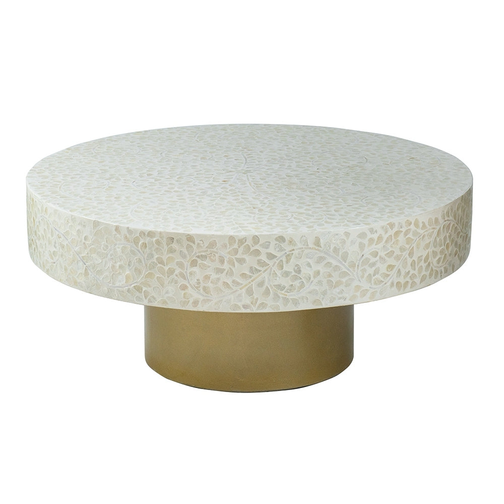 35x35x16' Unique Cream Capiz Coffee Table with Gold Pedestal Base