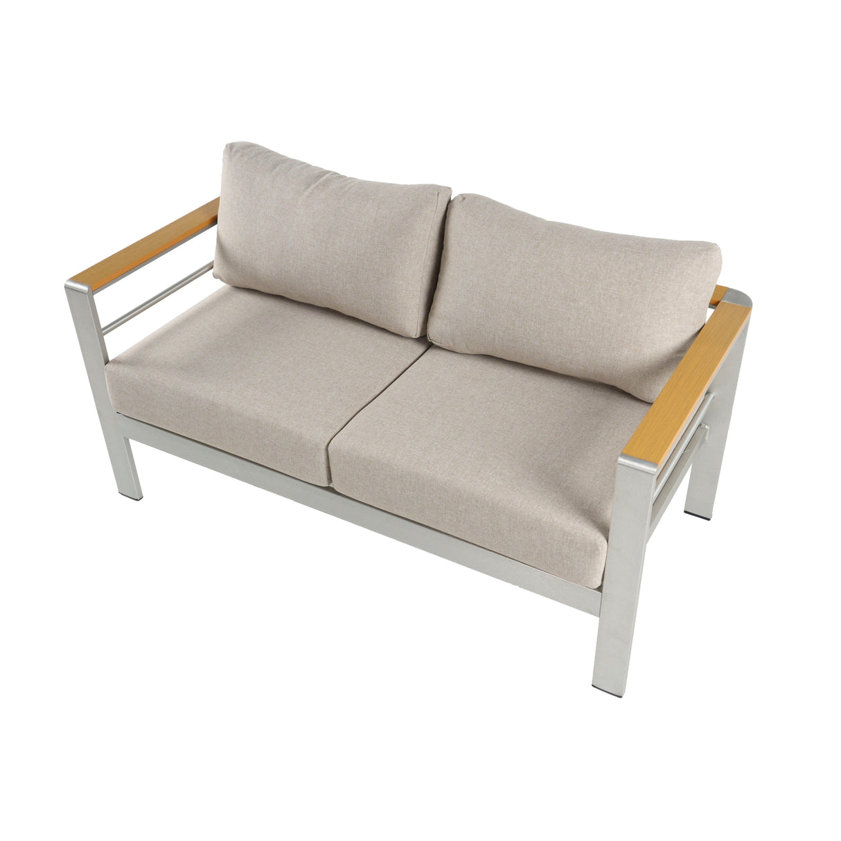 Cora Outdoor Aluminum Loveseat, Silver Frame with Beige Cushion