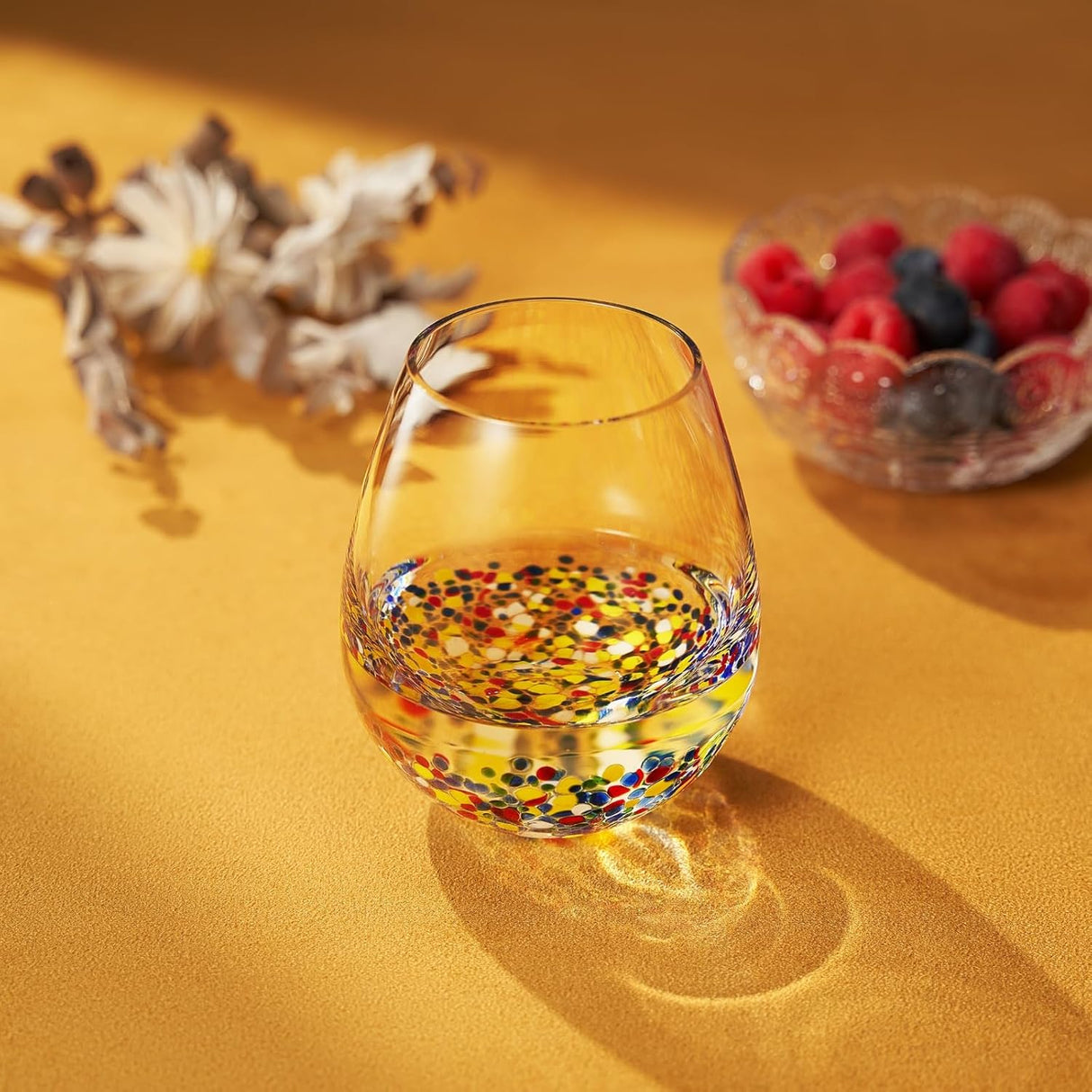 The Wine Savant Mexican Wine Glasses Hand Blown Confetti Rock - Clear