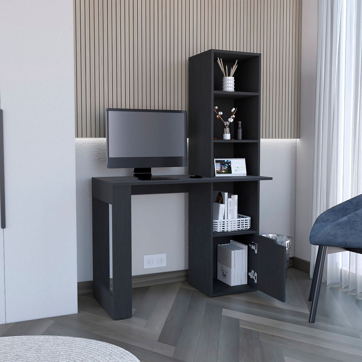 Writing Desk With Bookcase And Cabinet - Black