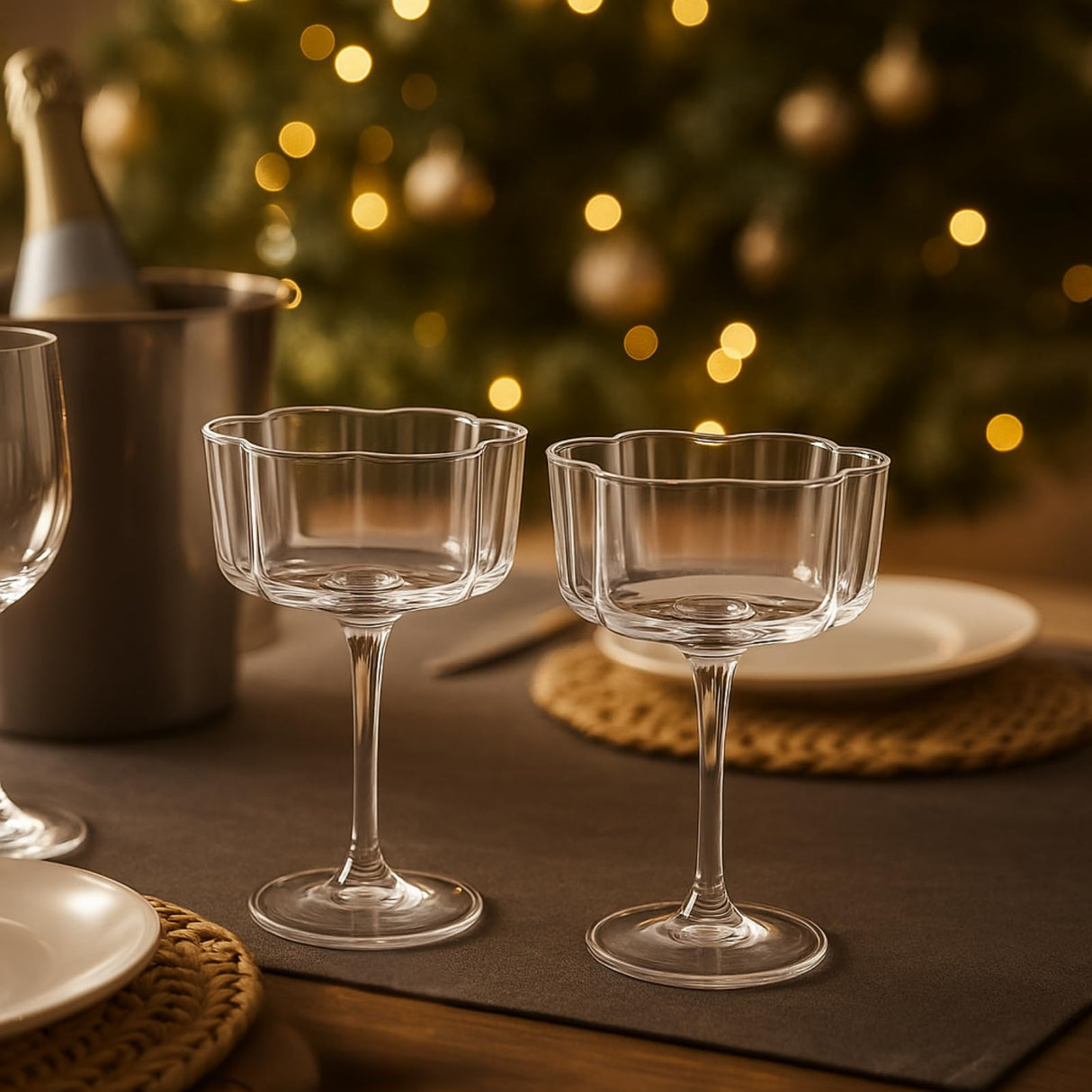 Flower-Wave-Coupe-Cocktail-Colored-Glasses-|-Set-of-2-|-Clear-Champagne-Glasses