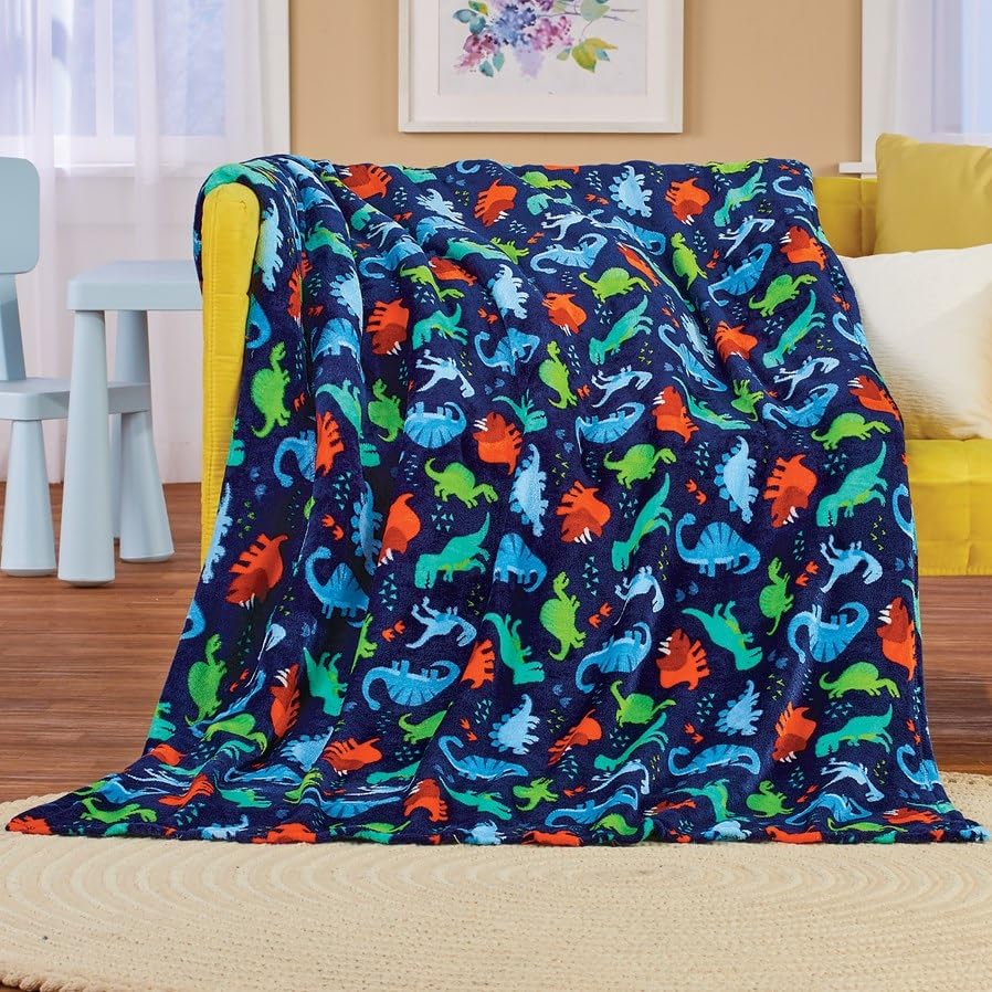 Summertime Whimsy Plush Fleece Kid Throw Blanket (50" x 60") - Dino Time - Soft Dinosaur Throw Blanket - for Boys and Girls and Kids of Any Age