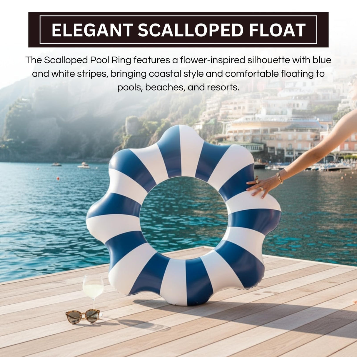 Amalfi Scalloped Pool Float Ring, 1 Piece, Blue & White Inflatable Swim Tube