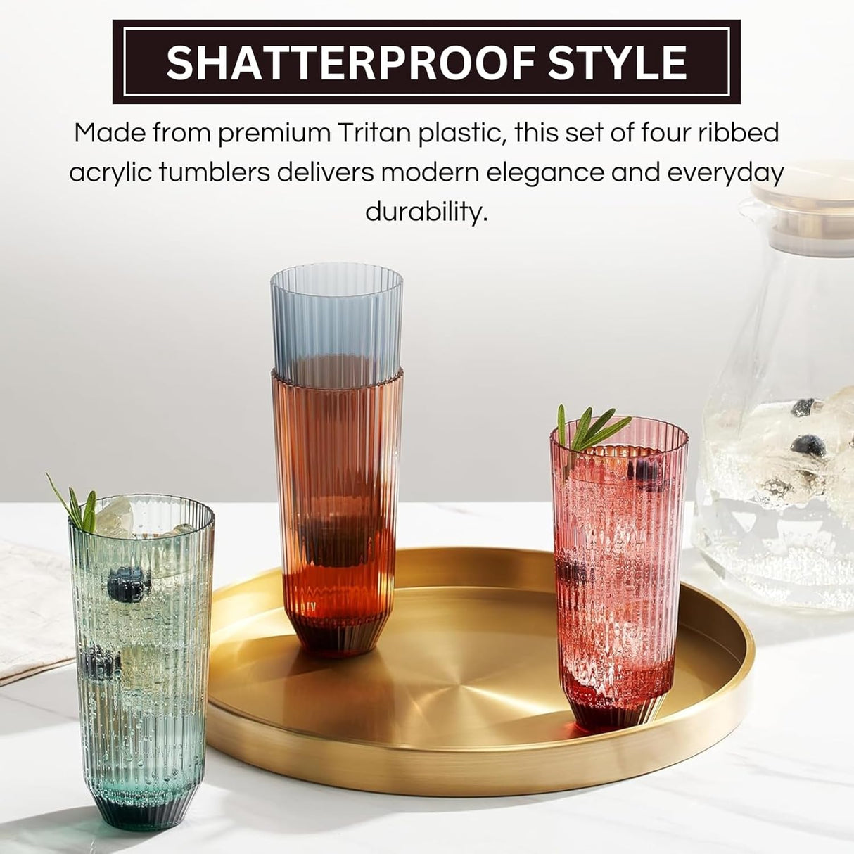 Shatterproof Ribbed Drinking Glasses , Dishwasher Safe, Tall | Set of 4 | Unbreakable BPA-free Plastic, 12OZ