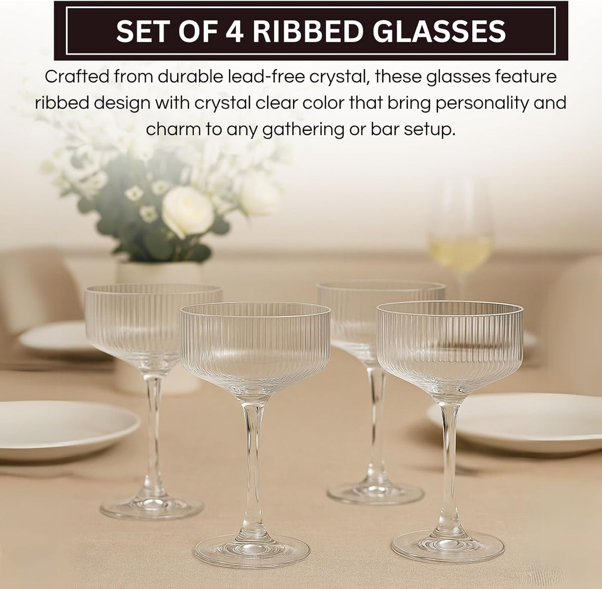 Khen Ribbed Coupe Glasses Set Crystal Bar Drinkware Vintage Style Cocktail Martini Champagne Glassware – 10oz Clear
