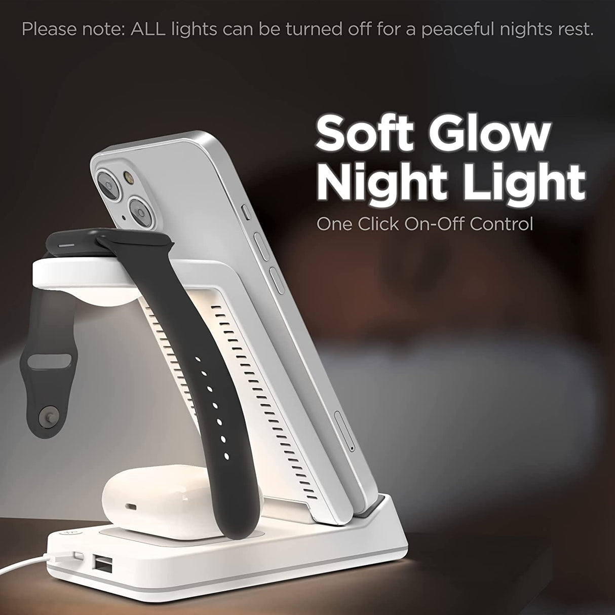 5-in-1 Alarm Clock Wireless Charger for All Apple Devices Foldable Charging Station with Night Light - Charging for iPhone, AirPods and Apple Watch (All Generations) - White