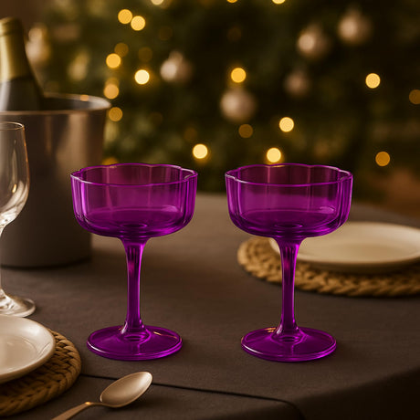 Flower-Wave-Coupe-Cocktail-Colored-Glasses-|-Set-of-2-|-Amethyst-Purple-Champagne-Glasses