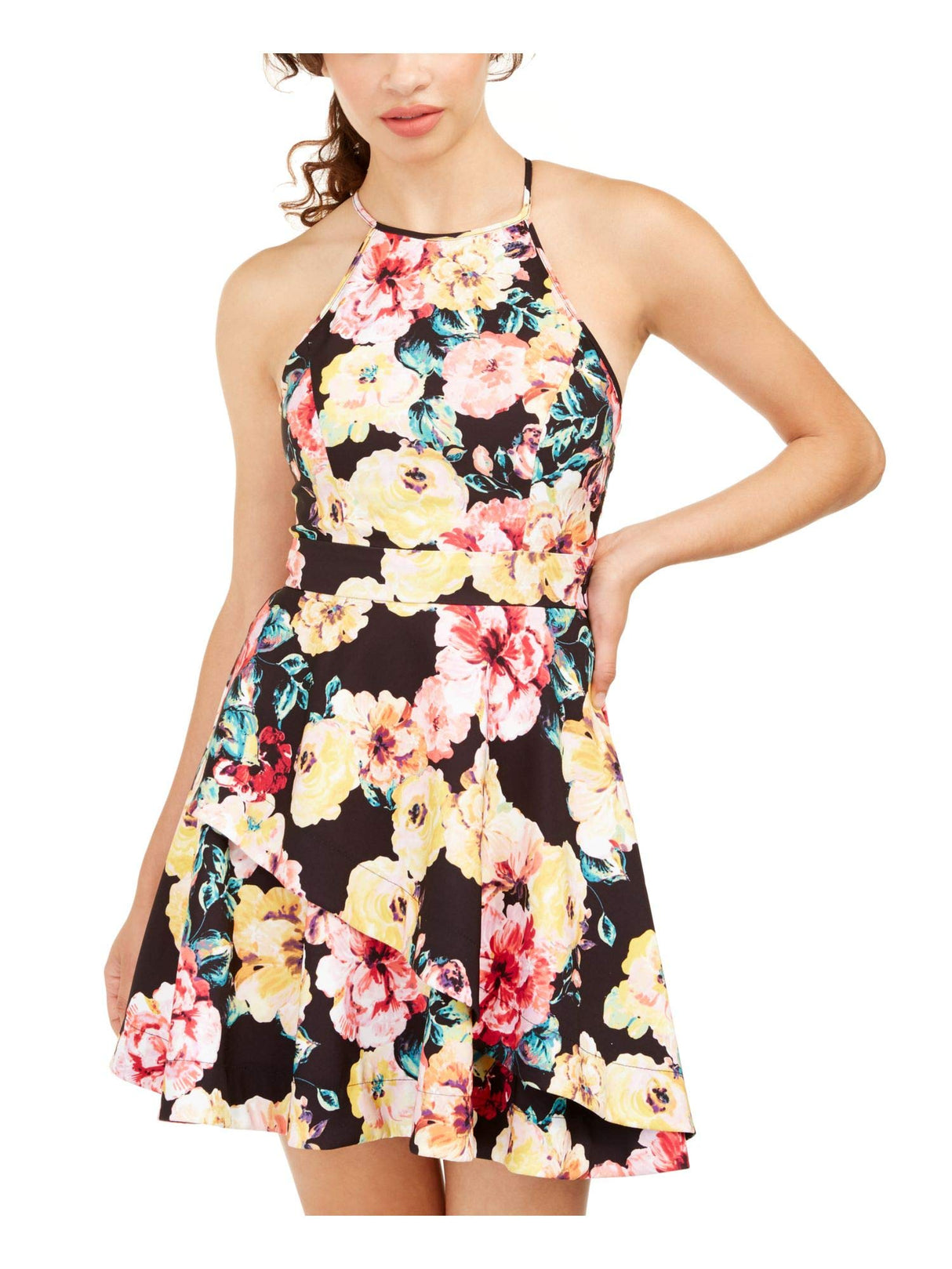 Speechless Womens Floral Halter Fit & Flare Dress Black 9