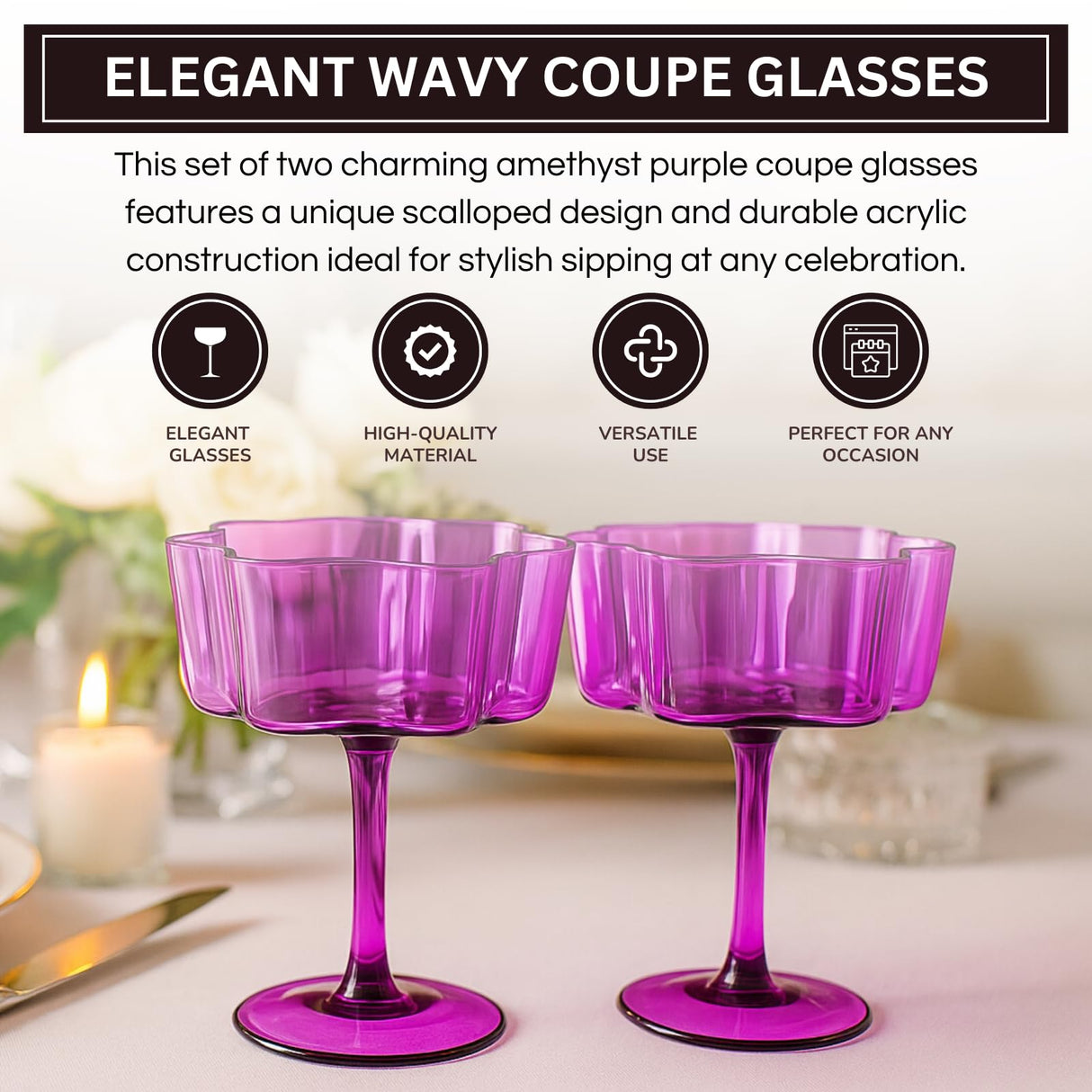 Flower Wave Coupe Cocktail Colored Glasses | Set of 2 | Amethyst Purple