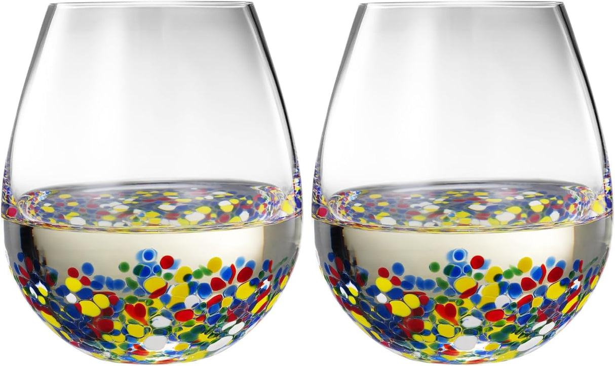 The Wine Savant Mexican Wine Glasses Hand Blown Confetti Rock - Clear