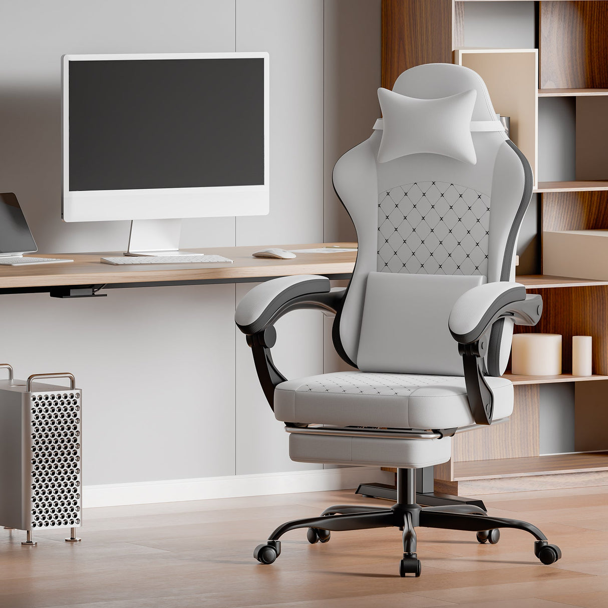 Gaming Chair with Massage, Ergonomic Design, White/Black
