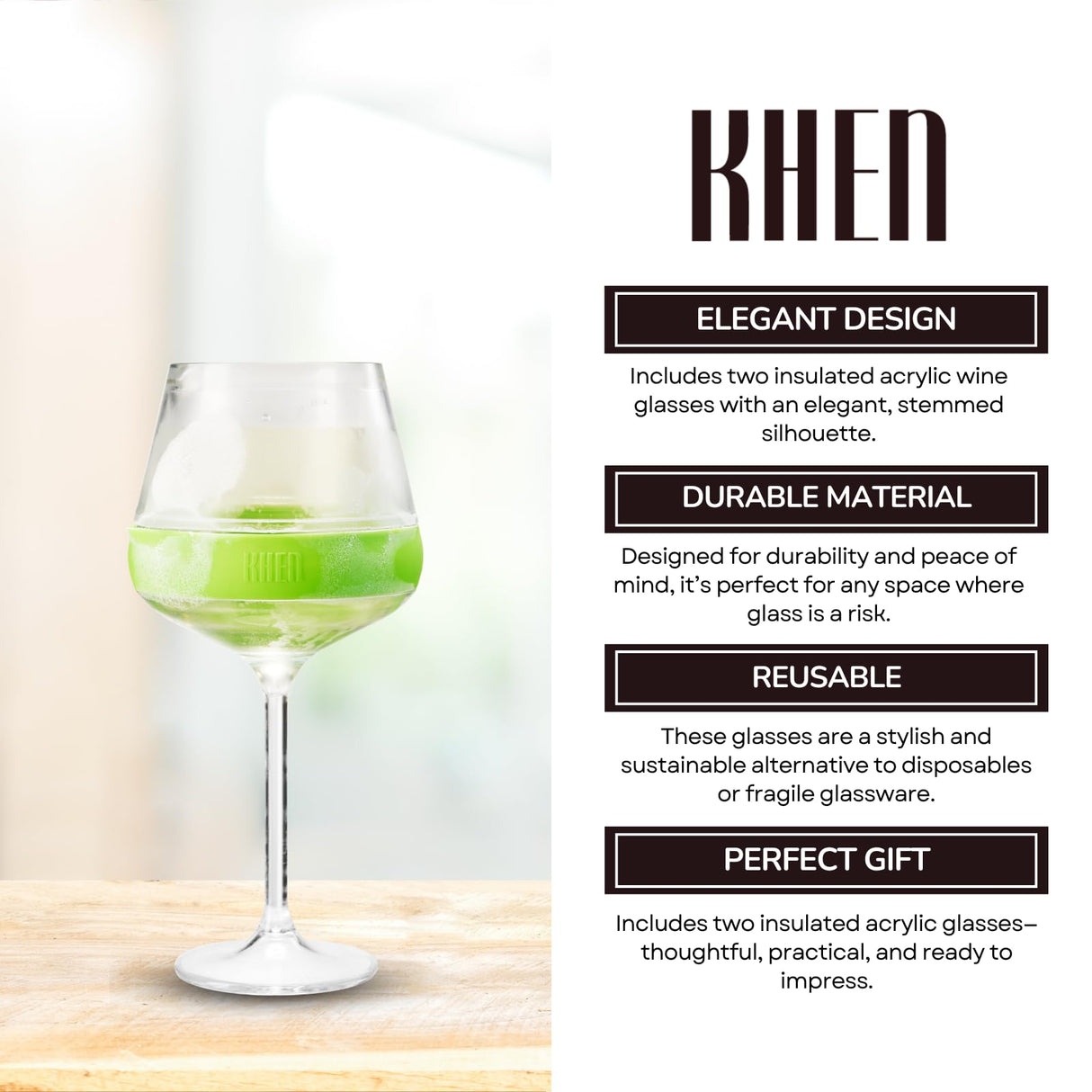 Stemmed Acrylic Cooling Wine Glasses 14oz | Set of 2 | Green