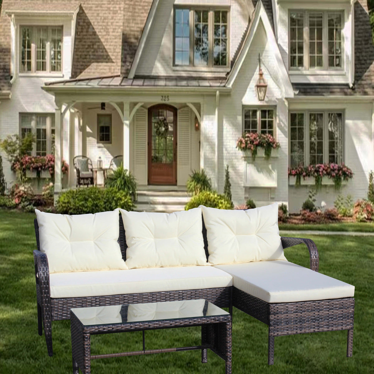 Outdoor Patio Furniture 3-Piece Conversation Set (Beige Cushion)