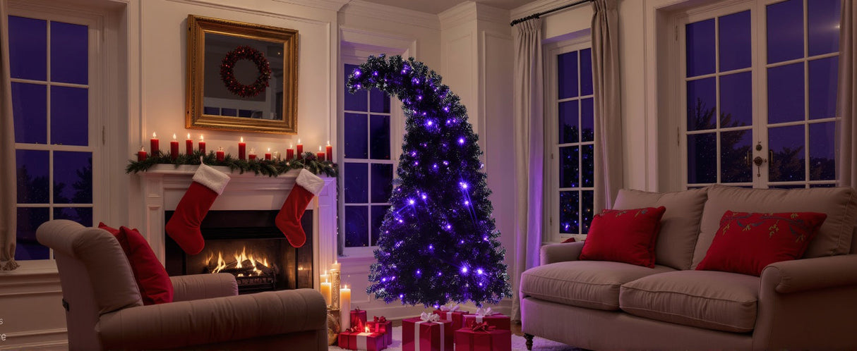 6Ft Curved Hat-Look Black Holiday Tree with Orange & Purple Lights