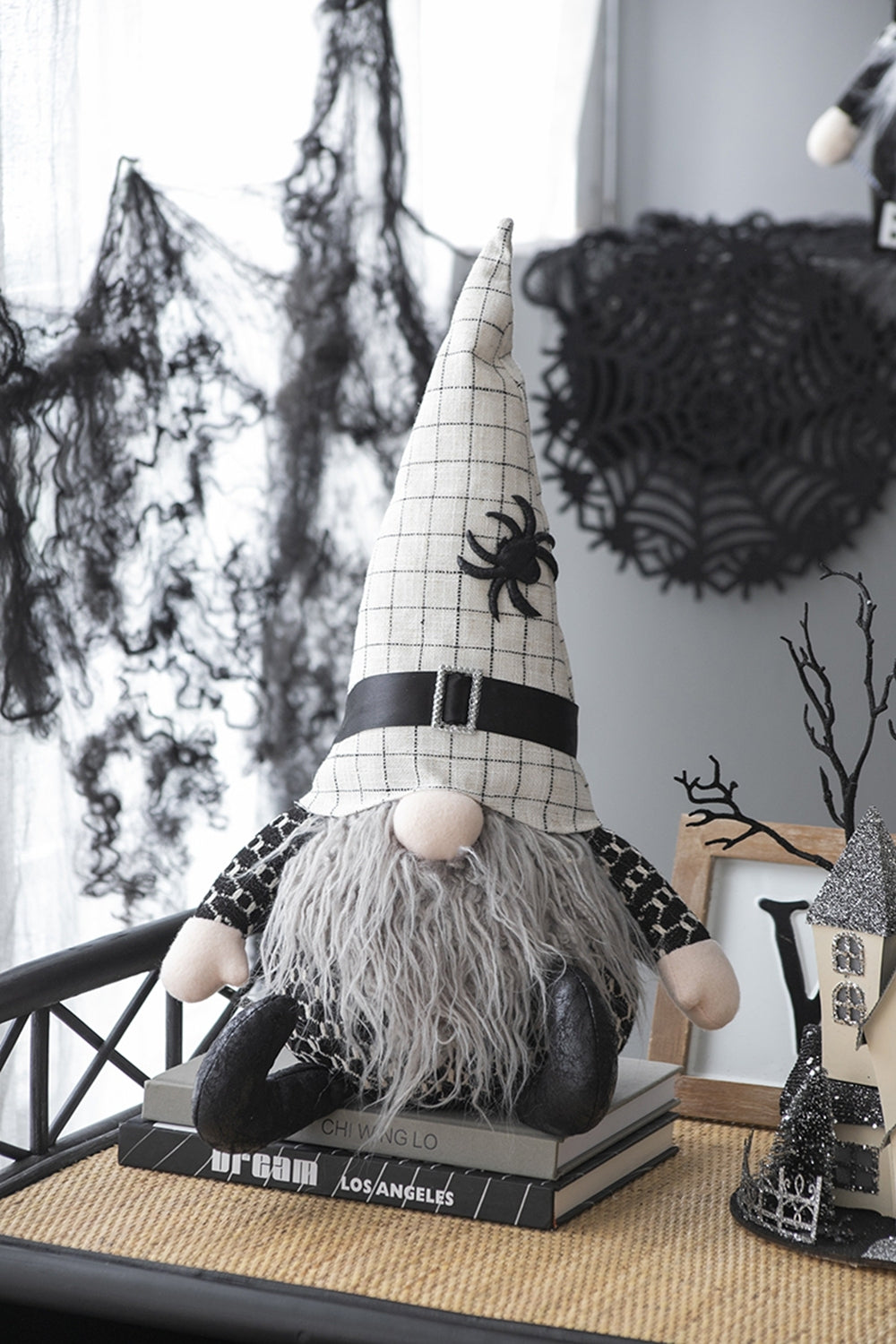 23.5''-Halloween-Gnome-–-Fabric-Sitting-Decor-with-White-Hat-&-Spider-Accent-