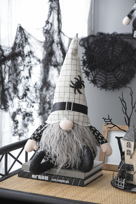 23.5''-Halloween-Gnome-–-Fabric-Sitting-Decor-with-White-Hat-&-Spider-Accent-