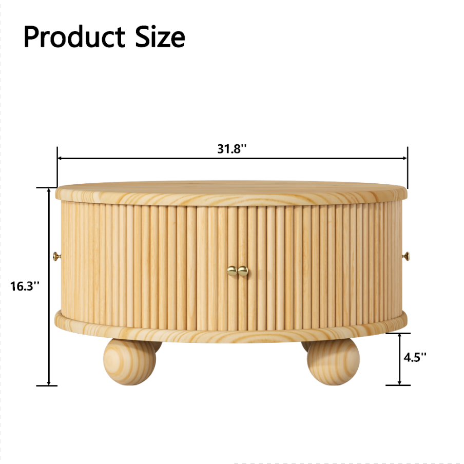 Round Fluted Coffee Table with Storage - Pine Solid Wood