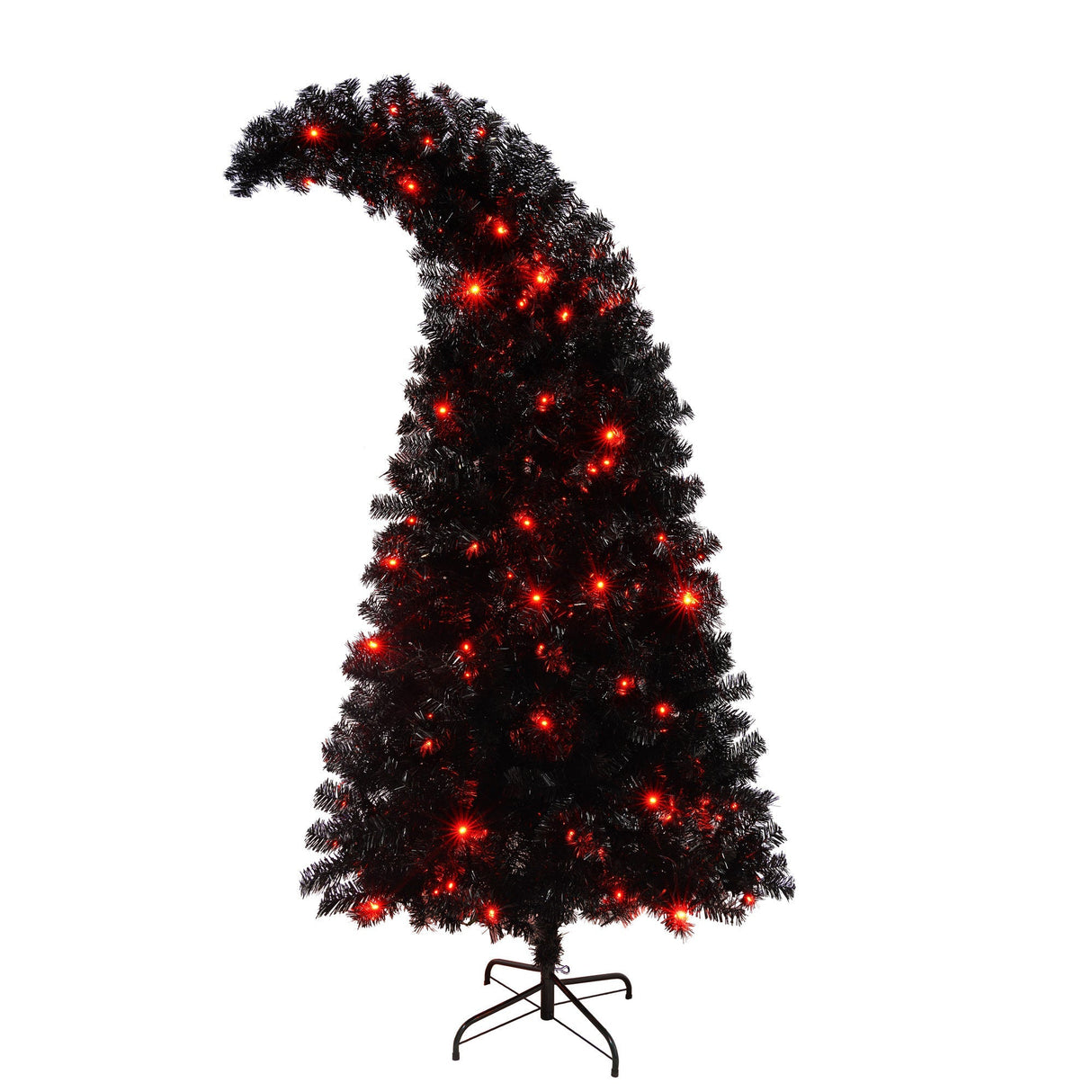 6Ft Curved Hat-Look Black Holiday Tree with Orange & Purple Lights