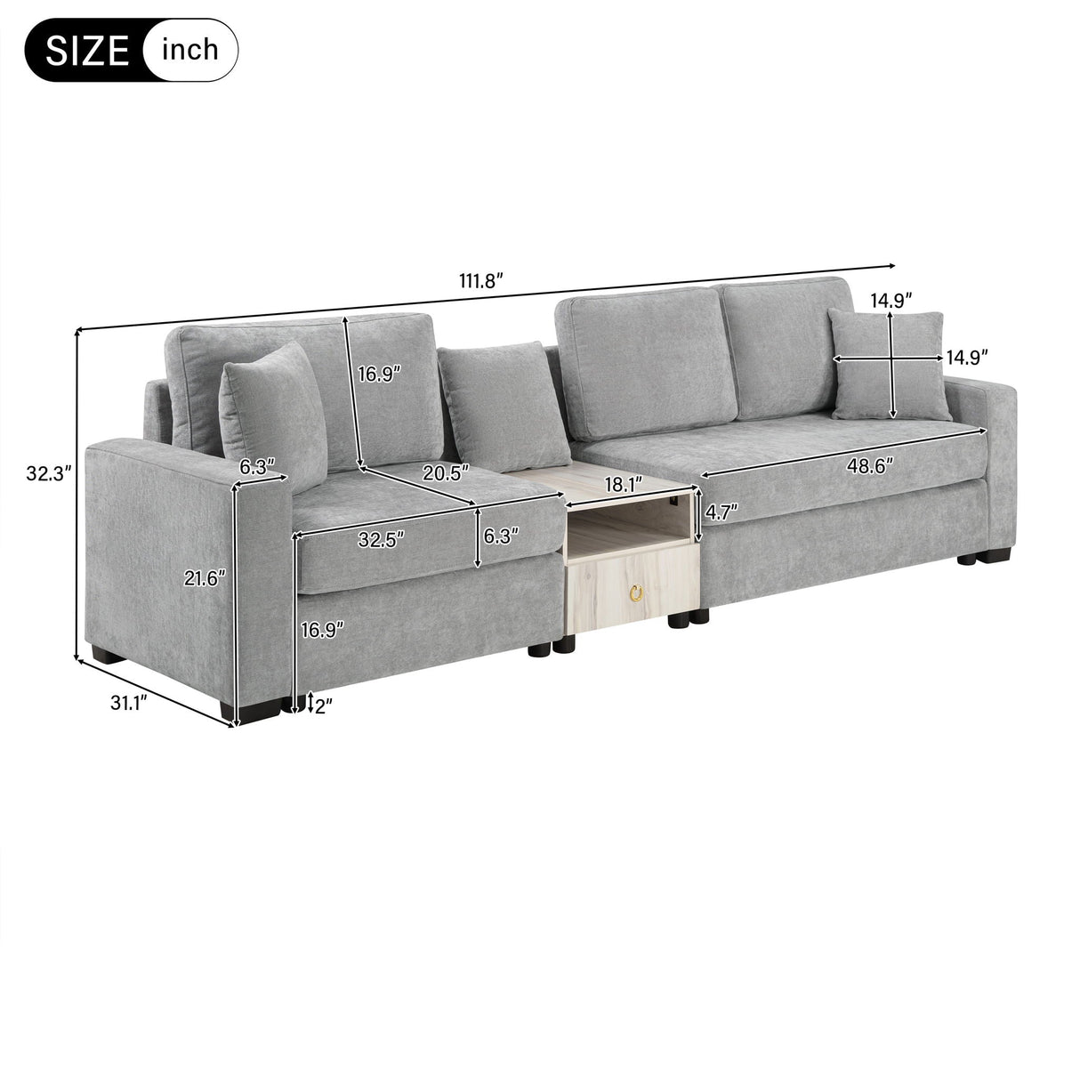 Modular Sofa Couch With Storage Armrest and Center Console