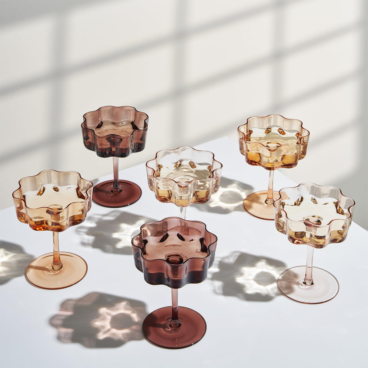 Flower-Wave-Coupe-Cocktail-Colored-Glasses-|-Set-of-6-|-Venus-Brown-Colors-Champagne-Glasses