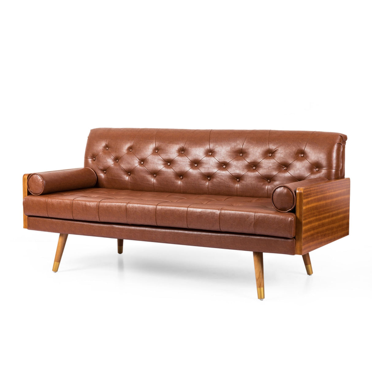 Adelaide Mid Century Modern Tufted Sofa with Rolled Accent Pillows - Light Brown