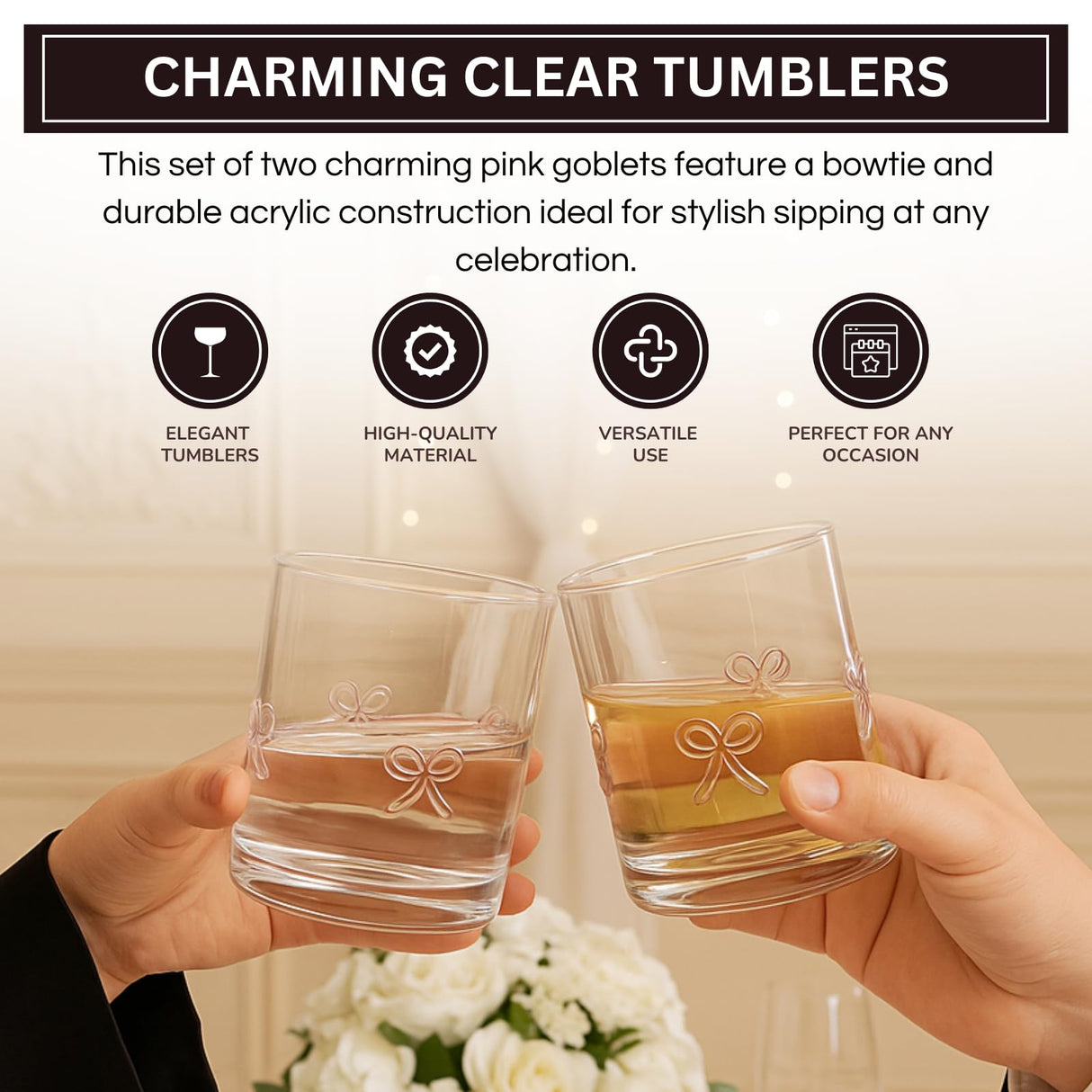 Khen Bowtie Tumblers Set Stylish Break Resistant Acrylic Drinkware for Cocktail Wedding Gift Use - Set of 2 Pink
