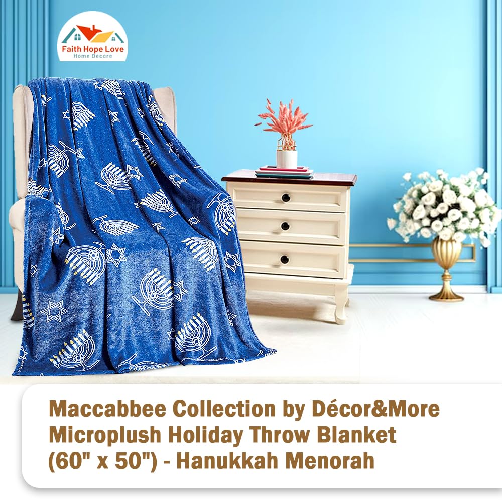 Decor&More Maccabbee Collection Microplush Holiday Throw Blanket (60" x 50") - Hanukkah Menorah