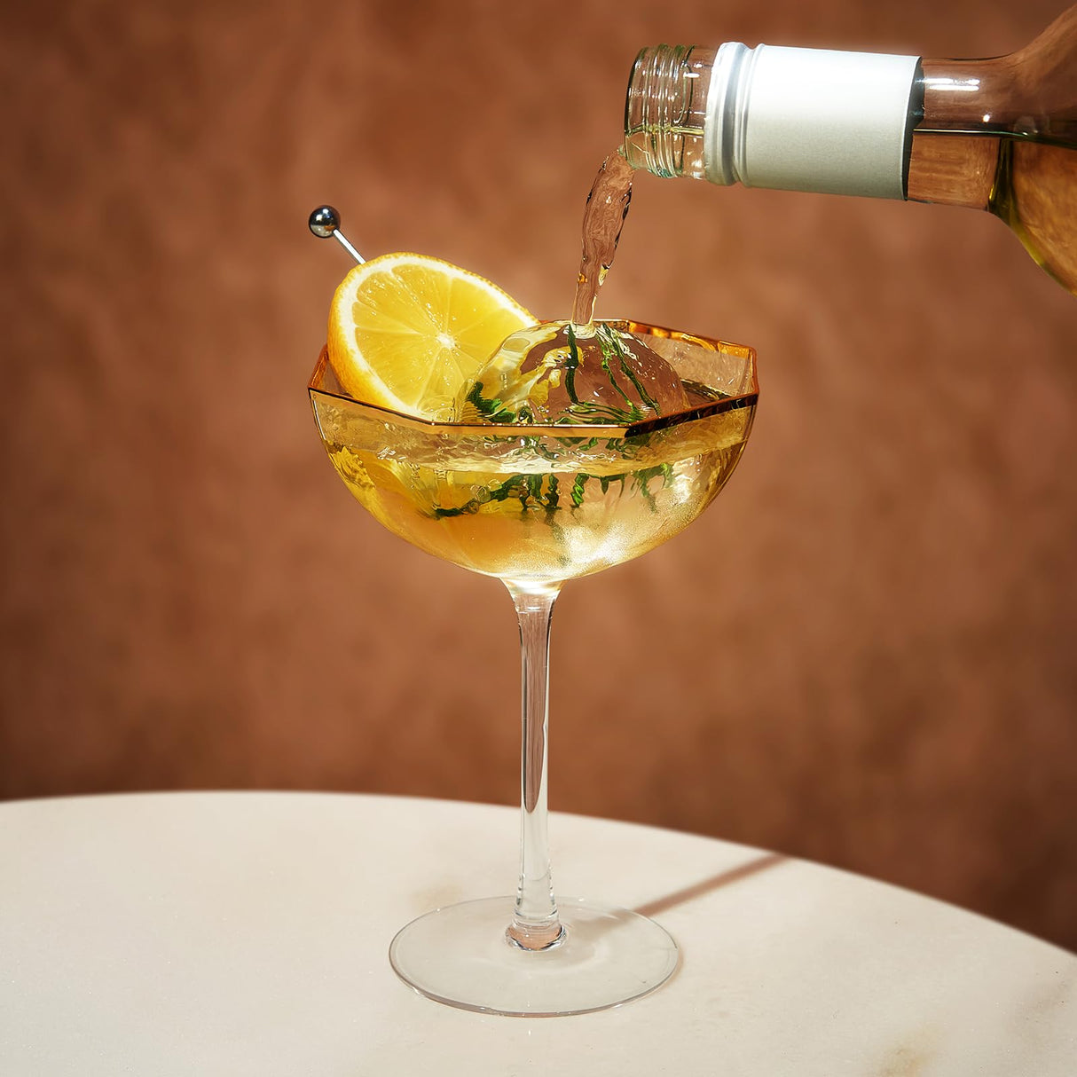 Khen Champagne Coupe Glasses Set of 4 Vintage Octagonal Gold Rim Elegant Art Glass Cocktail Goblets - 6oz Clear Gold Rim