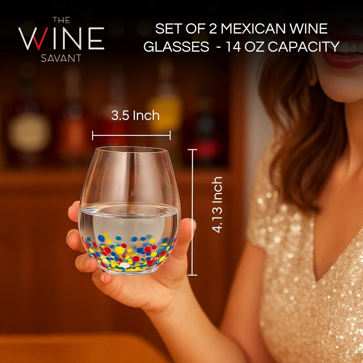 The Wine Savant Mexican Wine Glasses Hand Blown Confetti Rock - Clear