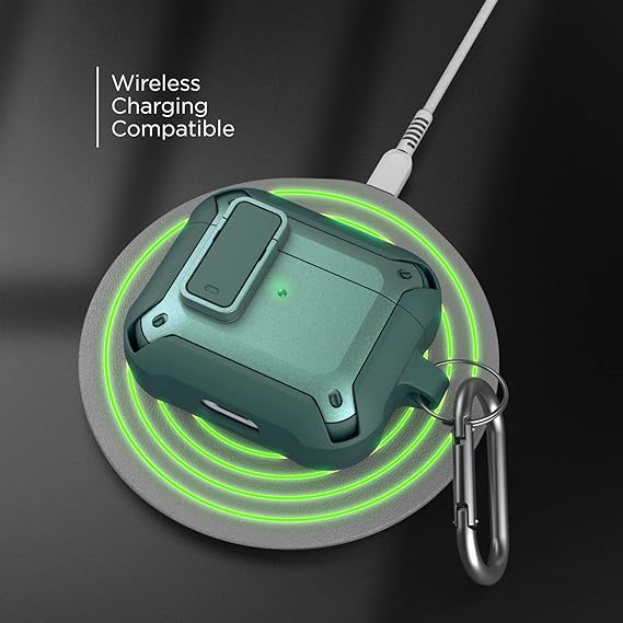 X-Armor Compatible with Airpods 3 Case (3rd Generation) Protective Carabiner Keychain with Lid Lock (Metallic Green)