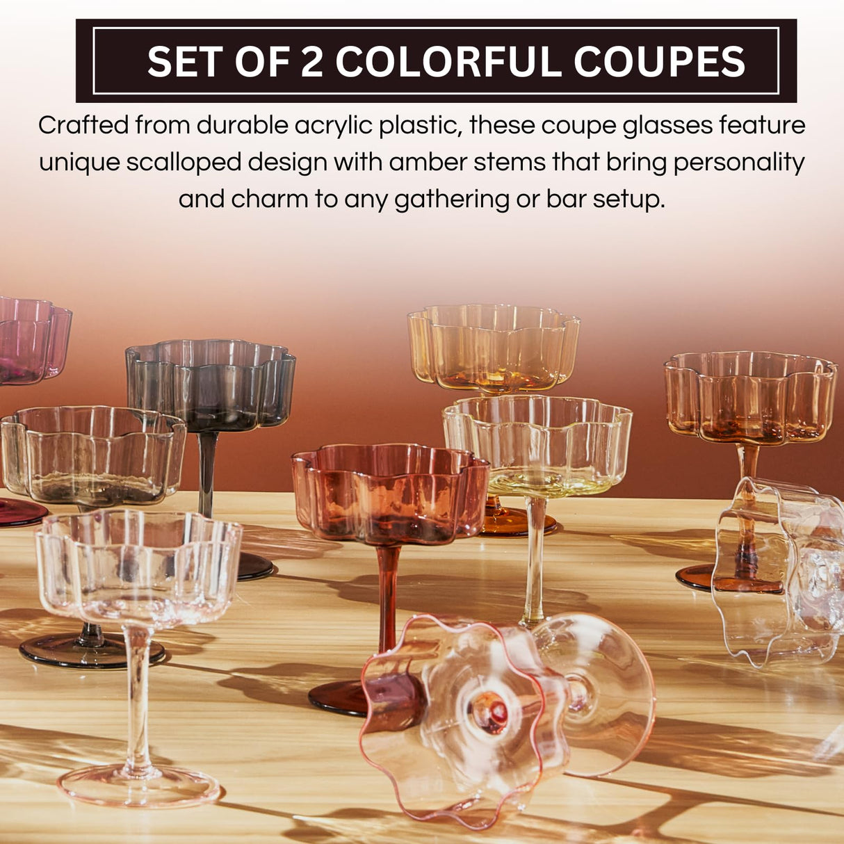 Flower Wave Coupe Cocktail Colored Glasses | Set of 2 | Amber
