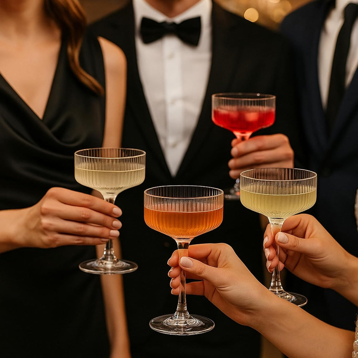 Khen Ribbed Coupe Glasses Set Crystal Bar Drinkware Vintage Style Cocktail Martini Champagne Glassware – 10oz Clear