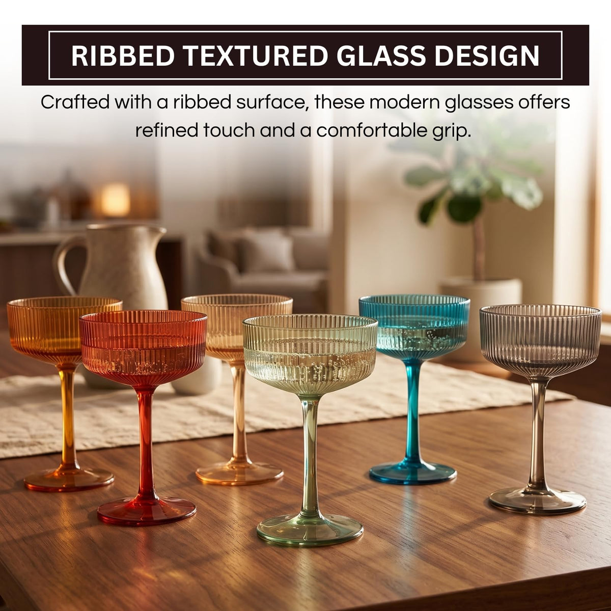 Eze Acrylic Ribbed Champagne Coupe, Cocktail Glassware, Set of 6