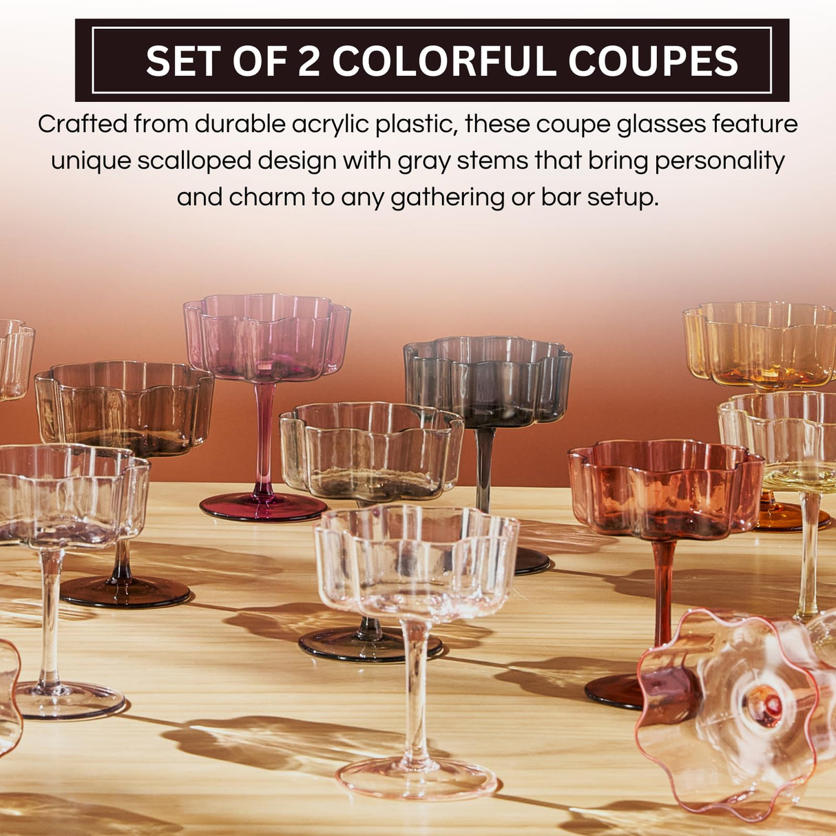 Flower Wave Coupe Cocktail Colored Glasses | Set of 2 | Grey