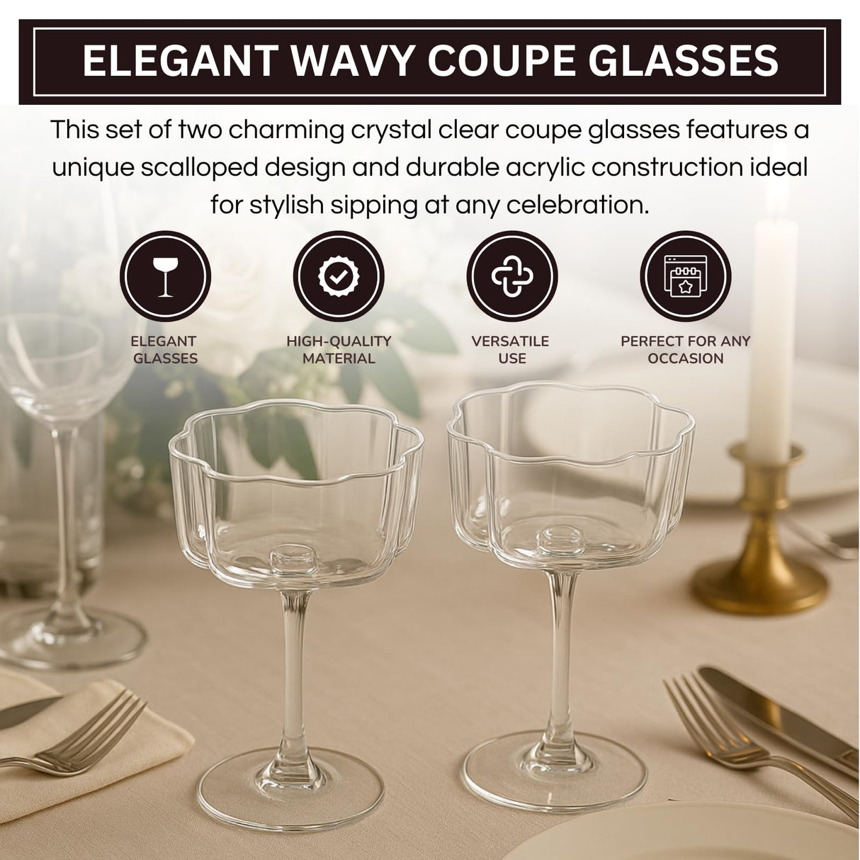 Flower Wave Coupe Cocktail Colored Glasses | Set of 2 | Clear