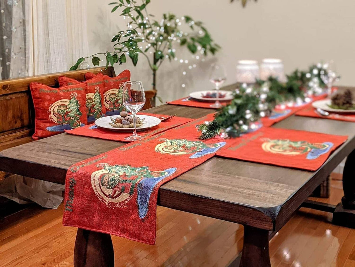 Red Santa Claus Christmas Tree Woven Tapestry Dining Table Runner (17615)