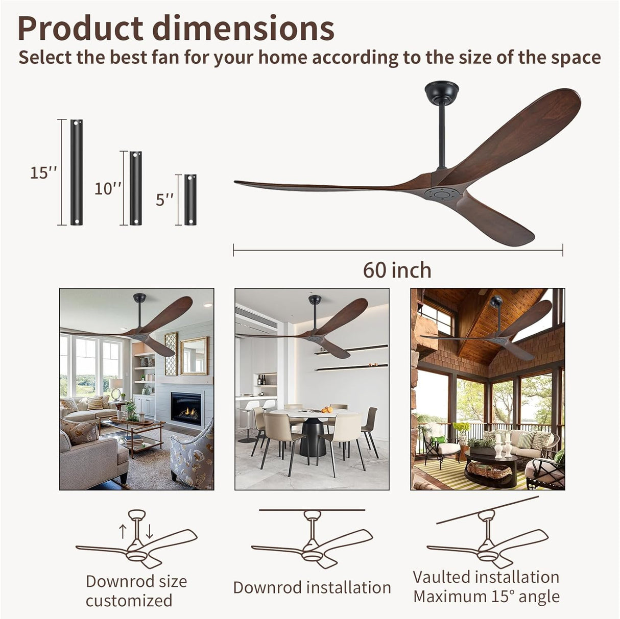 60 Inch Solid Wood Ceiling Fan 3-Blade DC Motor Remote