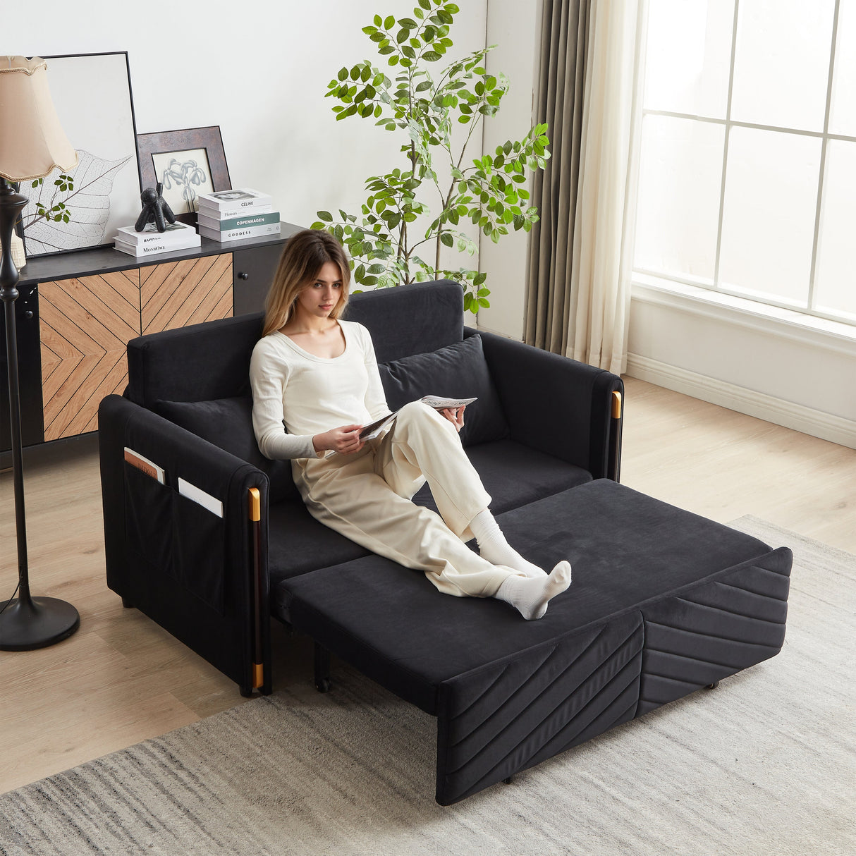 Conway Convertible Velvet Loveseat Sleeper with Arm Storage and Adjustable Back