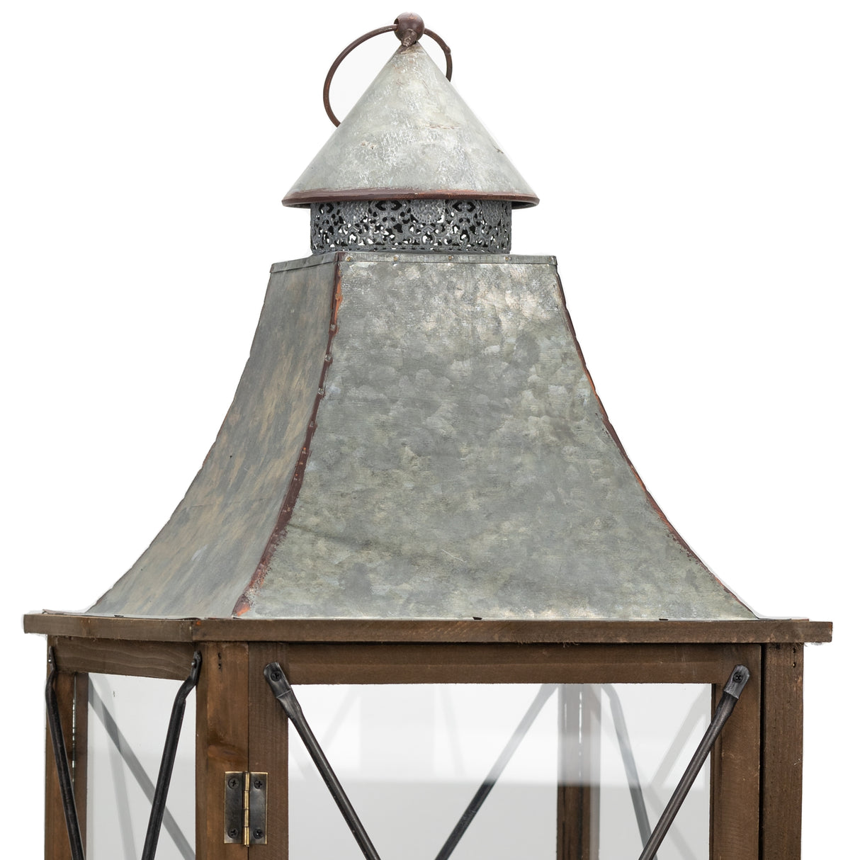 Rustic wood lantern with galvanized metal lid (set of 2)