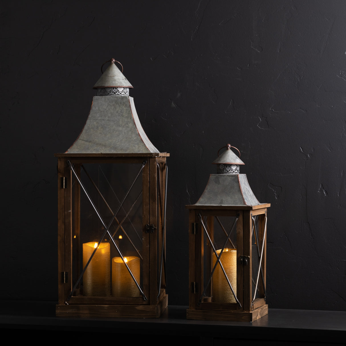 Rustic wood lantern with galvanized metal lid (set of 2)