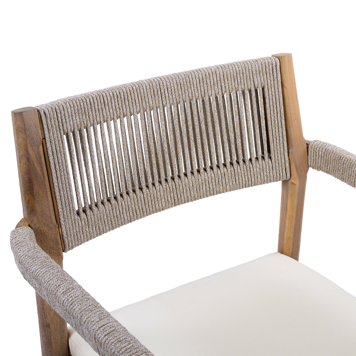 Braided Acacia Wood Outdoor Dining Chairs Set of 2 β Teak Look with Beige Rope & Cream Cushions