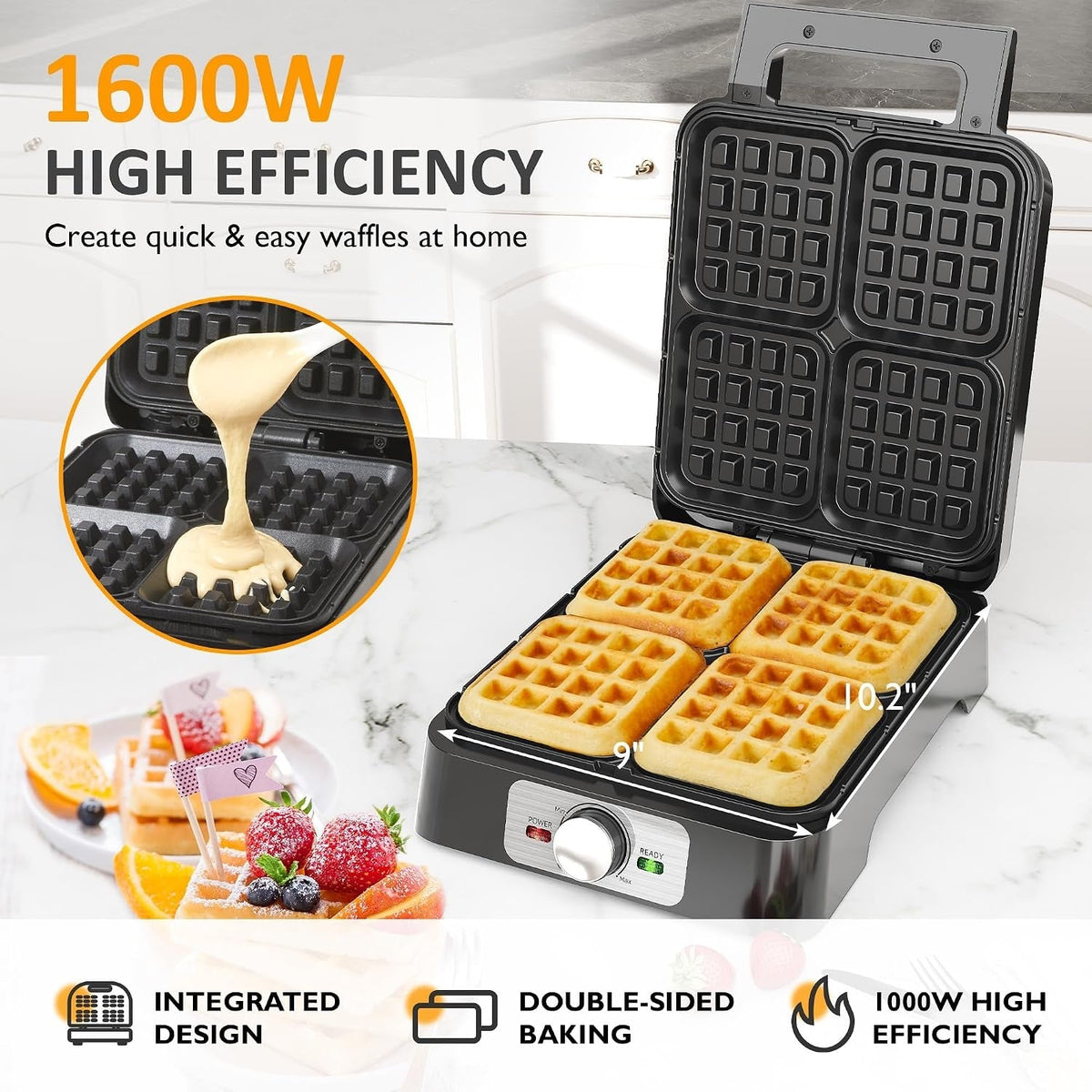 Stainless Steel 4 Slices Belgian Waffle Maker