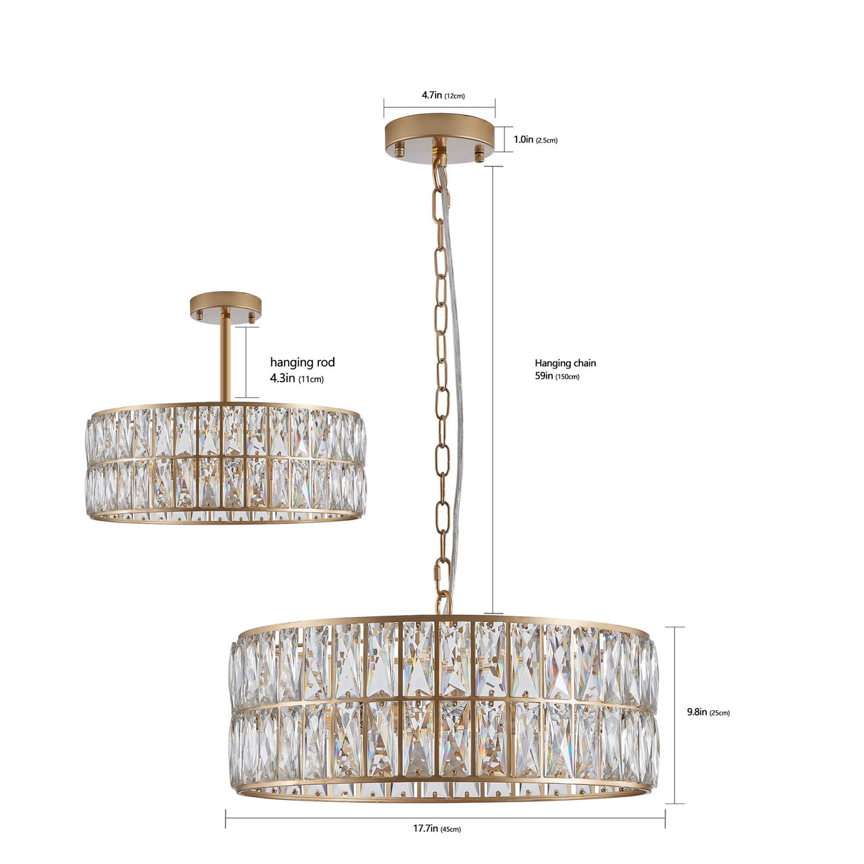 18' Golden Modern Crystal Drum Chandelier, 6-Light Pendant Lighting Fixture with Metal Frame