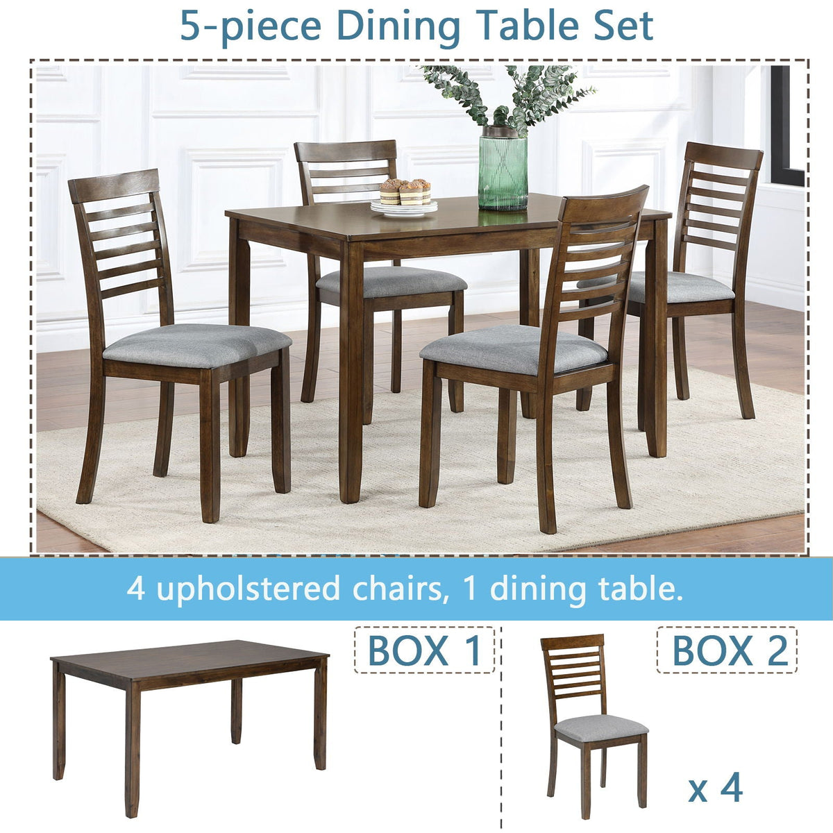 5 Pieces Modern Dining Set, Rectangular Wooden Dining Table With 4 Upholstered Chairs
